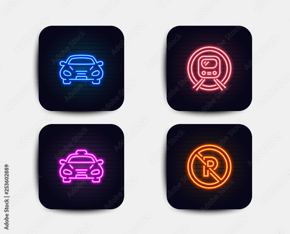Neon glow lights. Set of Taxi, Car and Metro subway icons. No parking sign. Public transportation, Transport, Underground. Car park. Neon icons. Glowing light banners. Vector Neon glow lights. Set of Taxi, Car and Metro subway icons. No parking sign. Public transportation, Transport, Underground. Car park. Neon icons. Glowing light banners. Vector