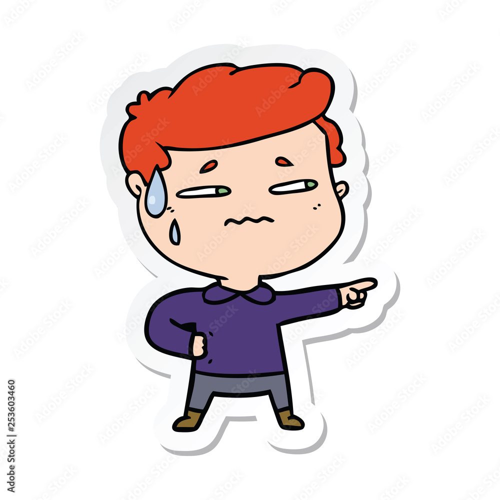 sticker of a cartoon anxious man pointing