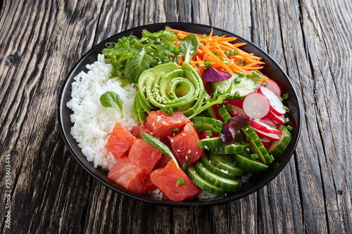Cuadro en lienzo close-up of Raw Organic Ahi salmon Poke Bowl