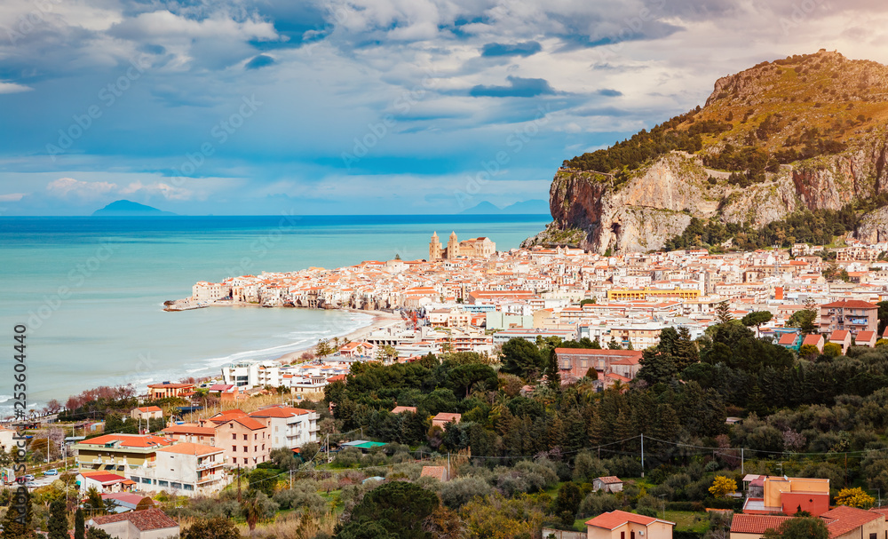 An impressive view of the famous resort Cefalu. Location place Tempio di Diana, Sicilia, Italy.