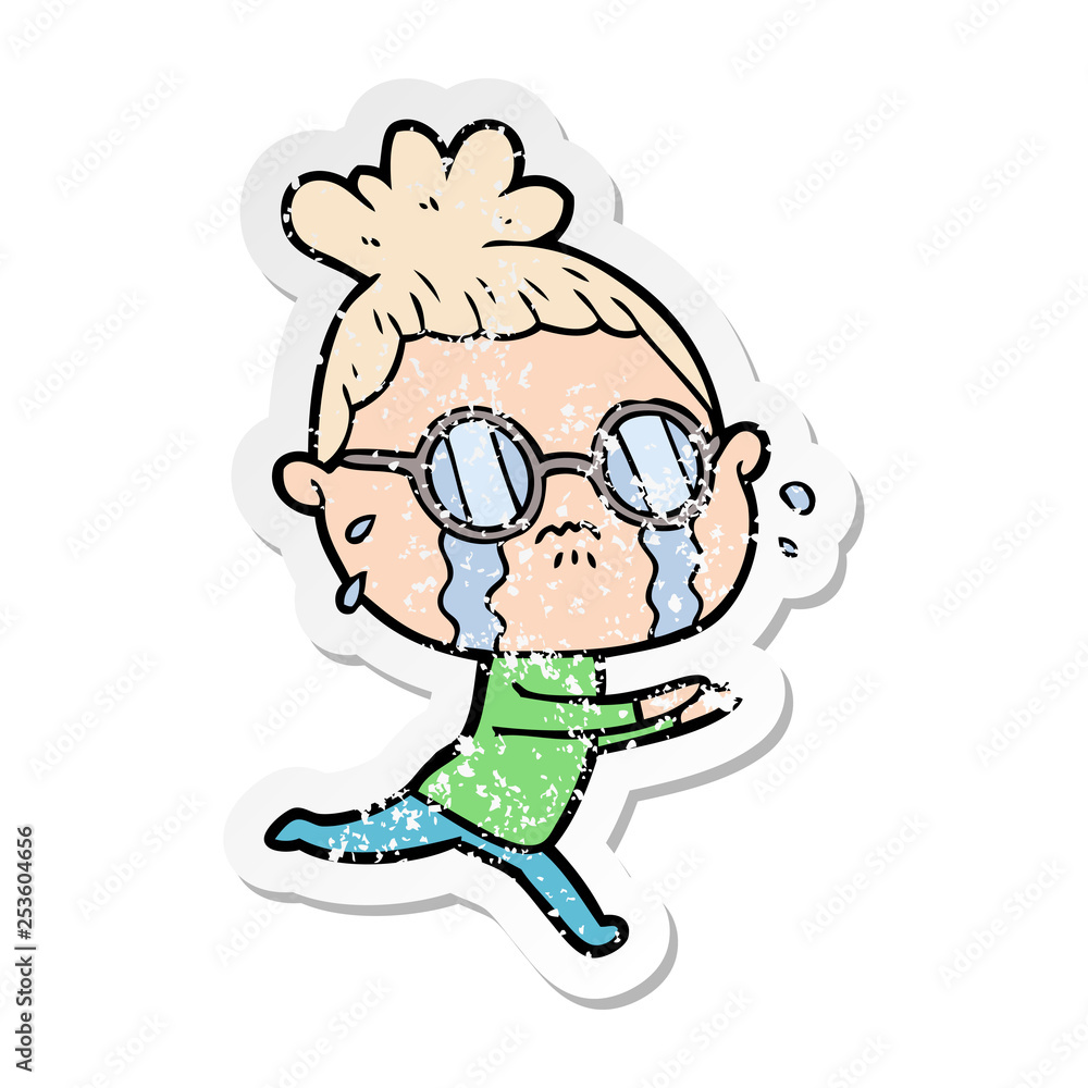 distressed sticker of a cartoon crying woman wearing spectacles