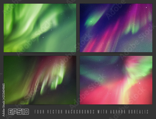 Vector set of colorful backgrounds with beautiful starry sky and Northern lights. Space illustration with aurora borealis for design.