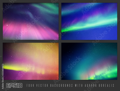 Vector set of colorful backgrounds with beautiful starry sky and Northern lights. Space illustration with aurora borealis for design