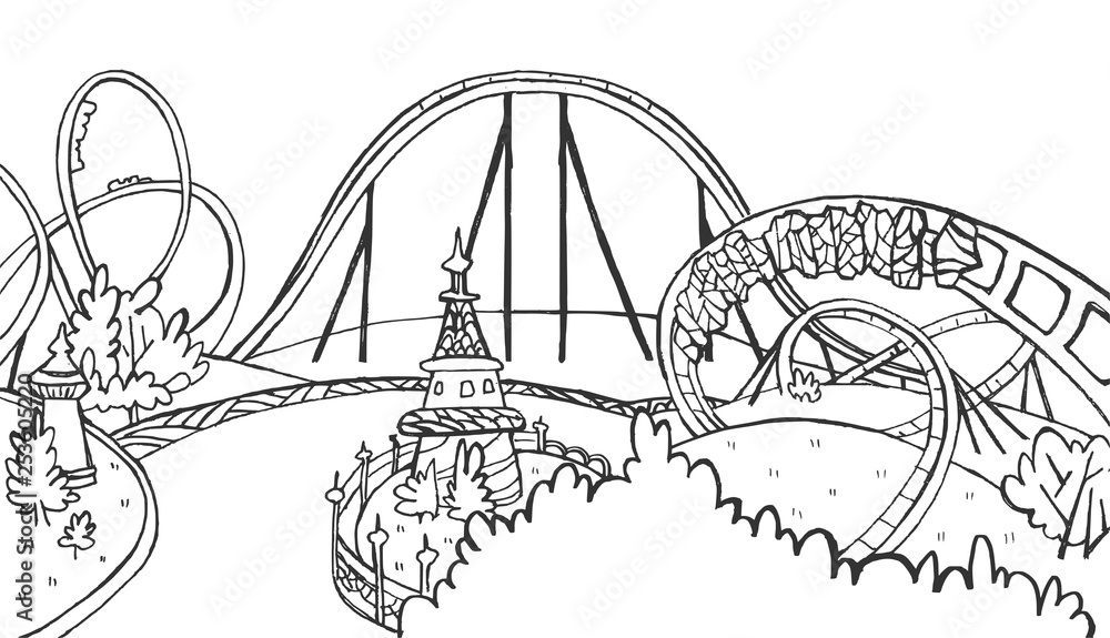 Amusement Park on a White Background. Black and white sketch. Roller ...