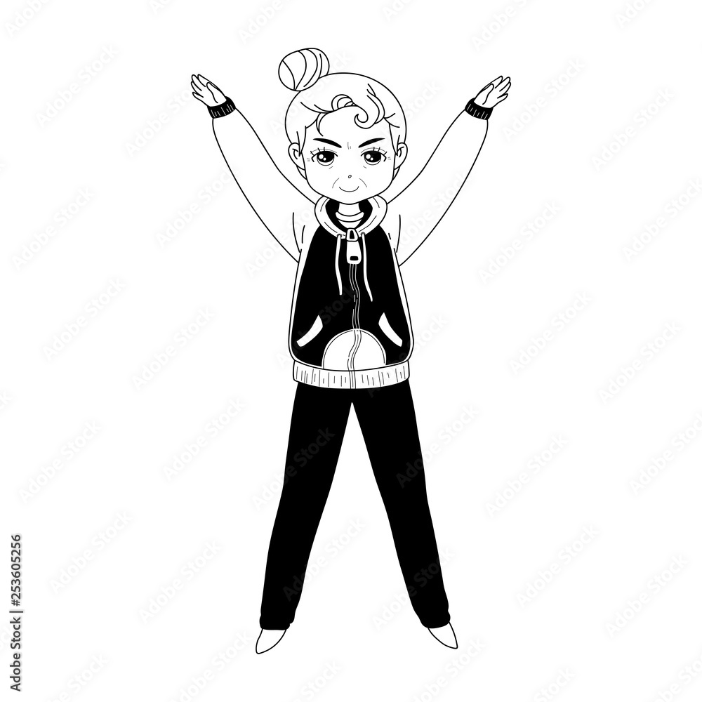 Mature slender woman with collected hair in sportswear that make exercise. Old Men Play Sports.