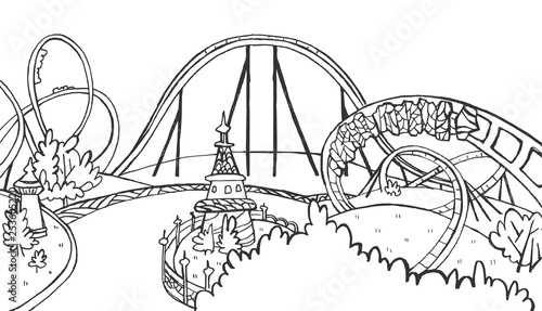 Amusement Park on a White Background. Black and white sketch. Roller Coaster on a White Background. Black and white horizontal image.