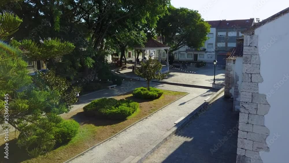 Garden near de Catholic Church of Alcochete, Portugal, with bandstand, aerial view Garden near de Catholic Church of Alcochete, Portugal, with bandstand, aerial view