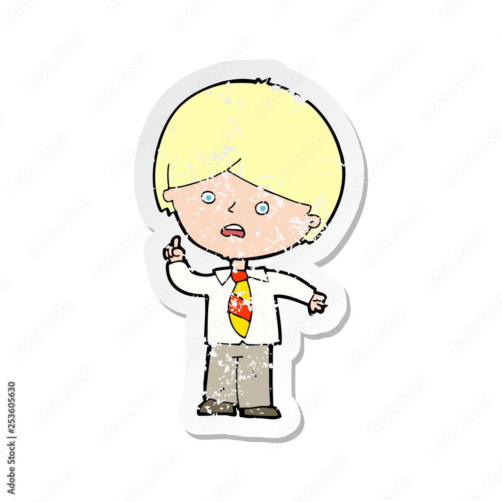 retro distressed sticker of a cartoon worried school boy raising hand retro distressed sticker of a cartoon worried school boy raising hand