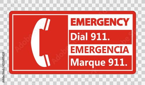 Bilingual Emergency Dial 911 Sign on transparent background