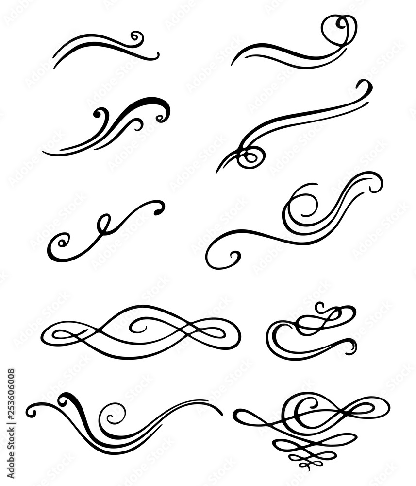 Set of decorative design elements. Hand-drawn curls.