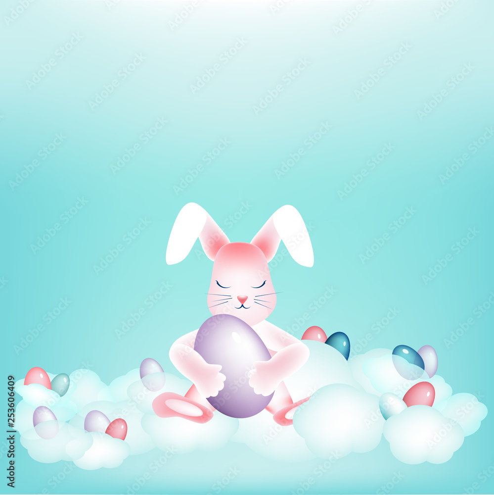 Easter bunny with colorful eggs napping on the clouds Easter bunny with colorful eggs napping on the clouds