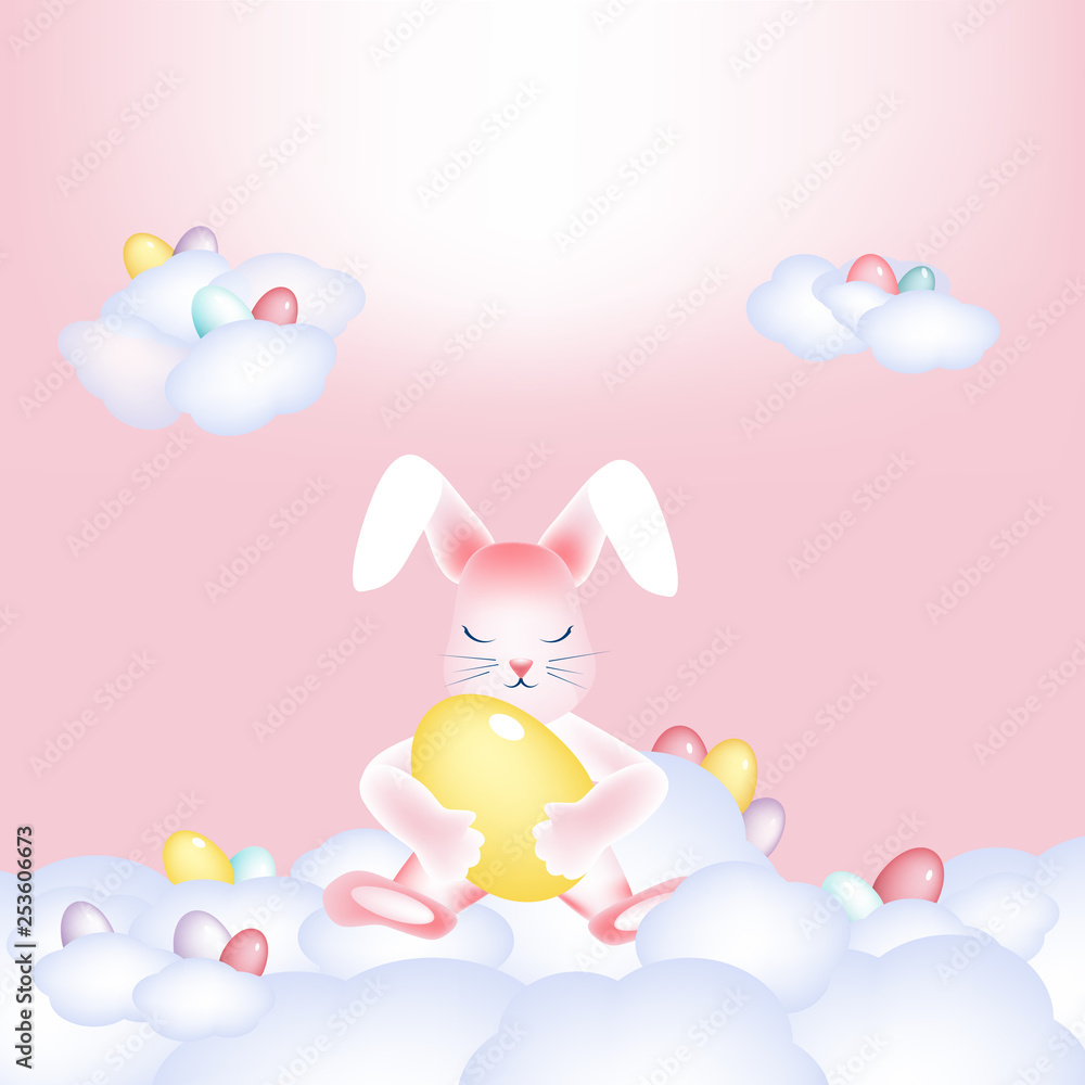 Easter bunny with colorful eggs napping on the clouds Easter bunny with colorful eggs napping on the clouds