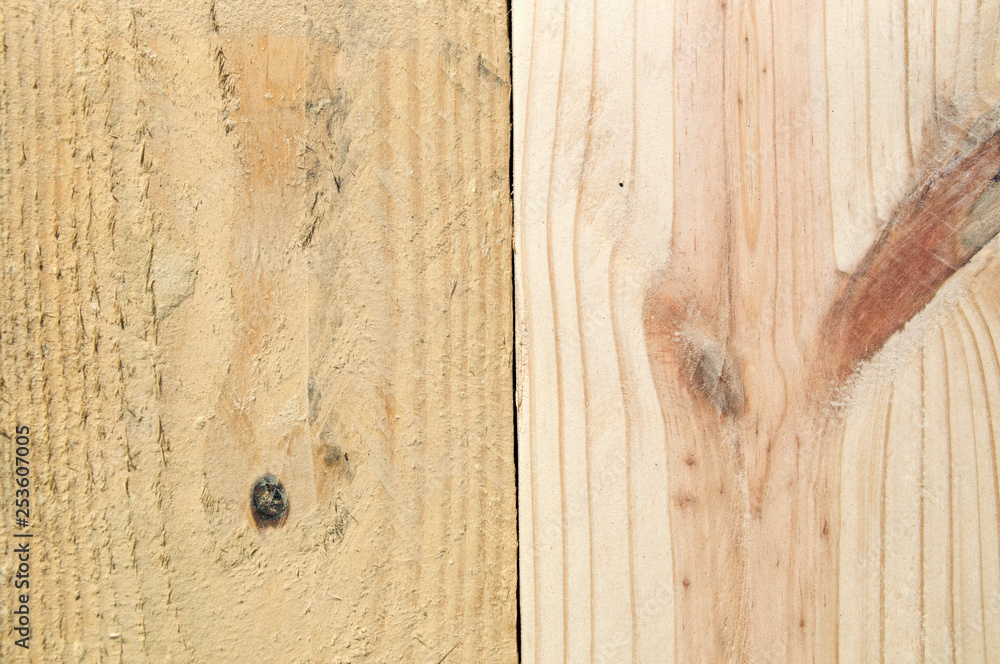 Smooth sanded pine board beside rough cut unfinished wood comparison side  by side. Stock Photo | Adobe Stock