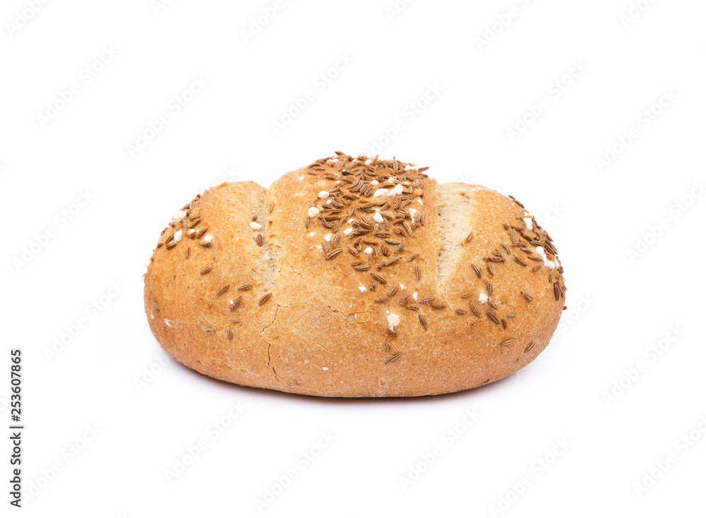 Crispy bun sprinkled with caraway isolated on white background Crispy bun sprinkled with caraway isolated on white background
