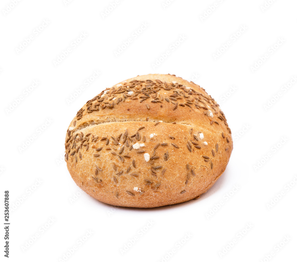 Crispy bun sprinkled with caraway isolated on white background Crispy bun sprinkled with caraway isolated on white background