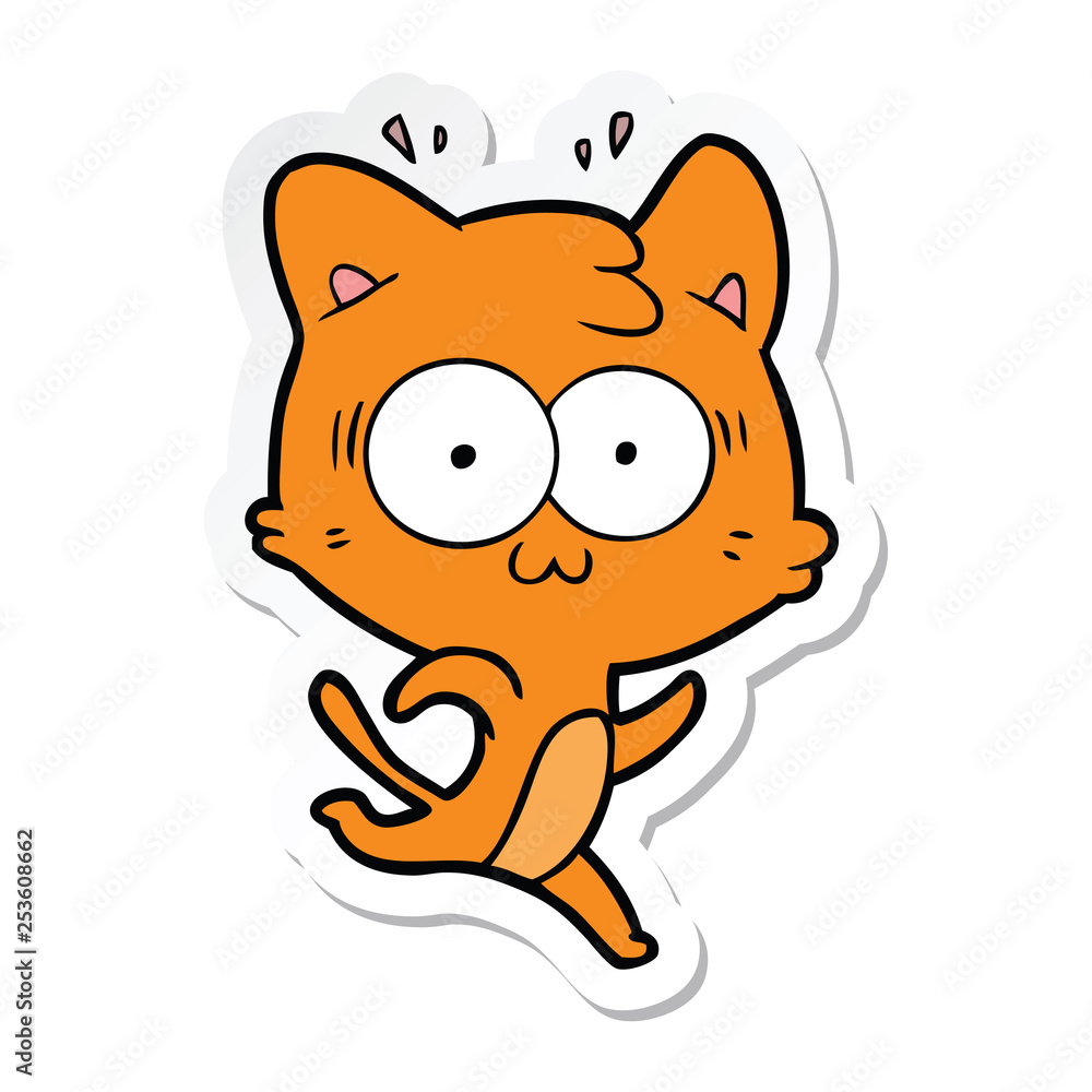 sticker of a cartoon surprised cat running sticker of a cartoon surprised cat running