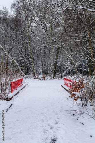 Red bridge in white snow