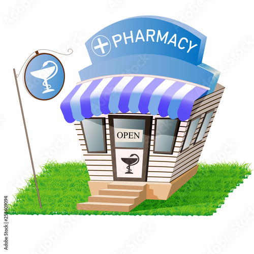 Facade of pharmacy store in urban space.