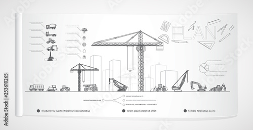 Vector construction equipment and city infographics.