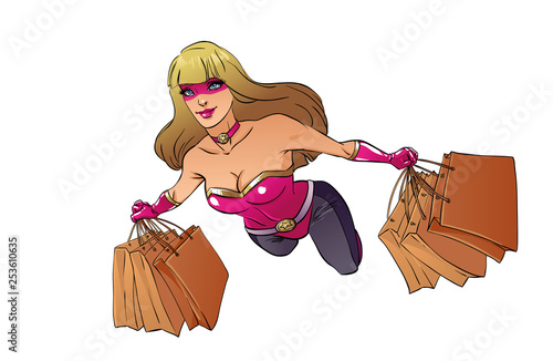 Female Superhero Flying . Vector cartoon characters.