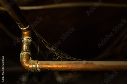 copper water pipe in basement with spiderwebs