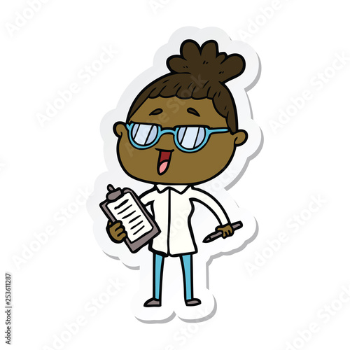 sticker of a cartoon happy woman wearing spectacles