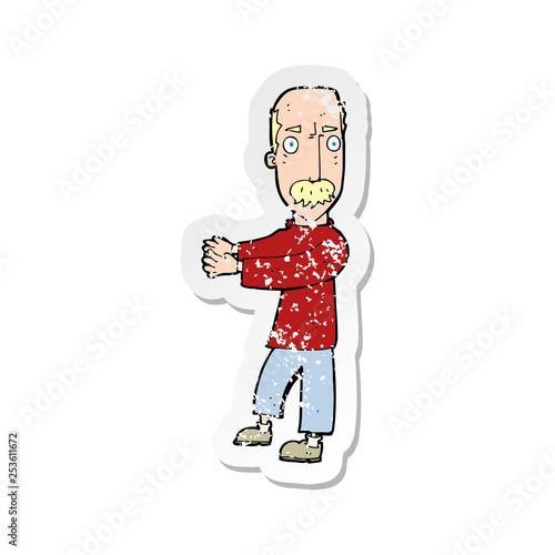 retro distressed sticker of a cartoon balding man explaining