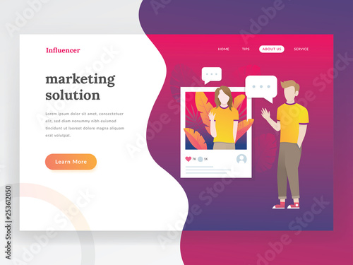 Influencer landing page. Social media influencer live and chatting vector illustration concept. Marketing specialist with social media influence solution. Website landing page template. Vector