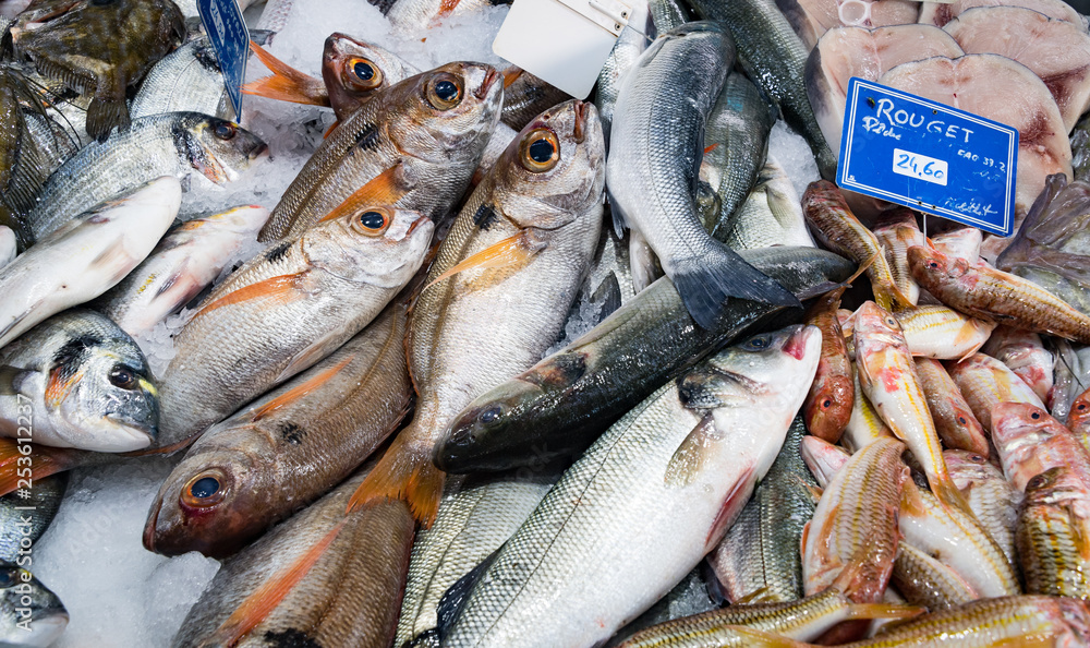 Sanary sur Mer - September 2018: Fresh fish on sale in the market of Sanary sur Mer, France