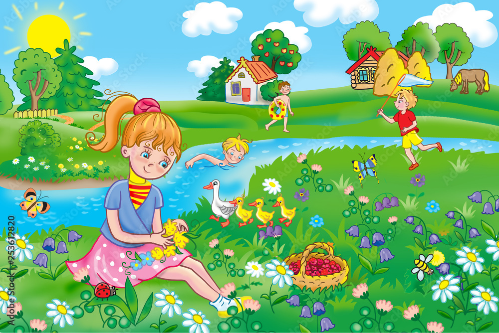 Children`s illustration for a book, album, magazine. A girl in the meadow, in the summer.