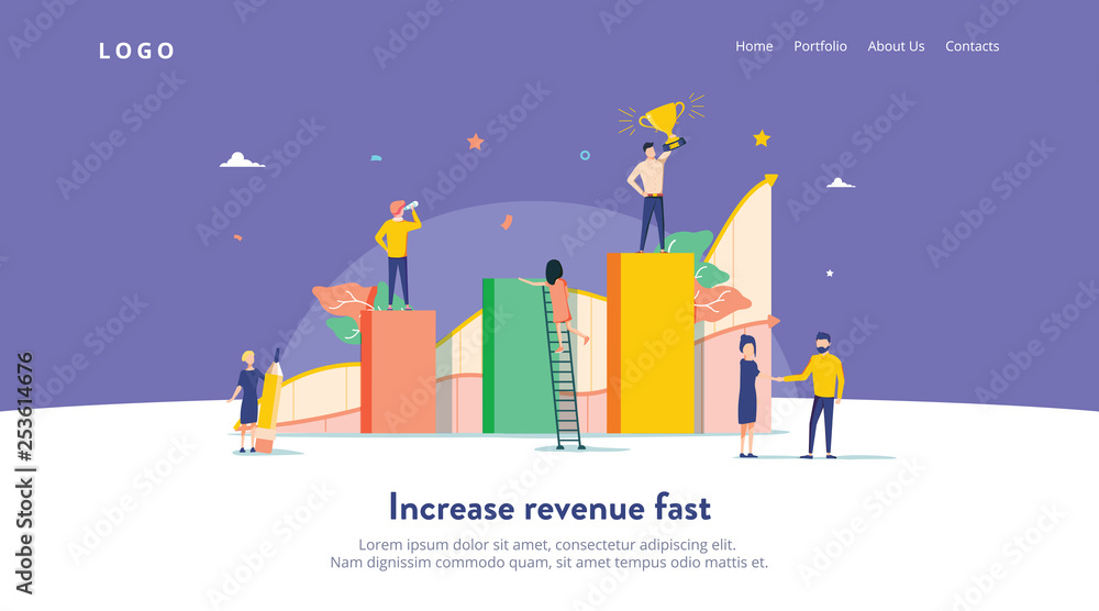 People work in a team and interact with graphs. Business, leadership, workflow management, office situations. Landing