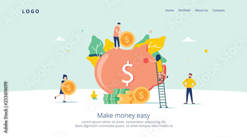 Money Pig Saving for Profit Landing Page. Finance Deposit Earning with Coin Icon. Symbol of Financial Investment