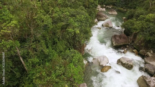 Aerial crane shot over the Jondachi river flying above the tree tops photo