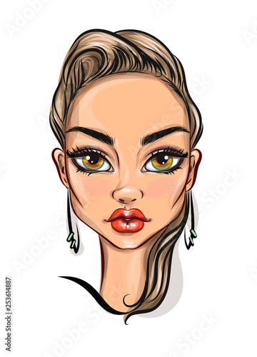 vector illustration of a  pretty young woman portrait with big eyes