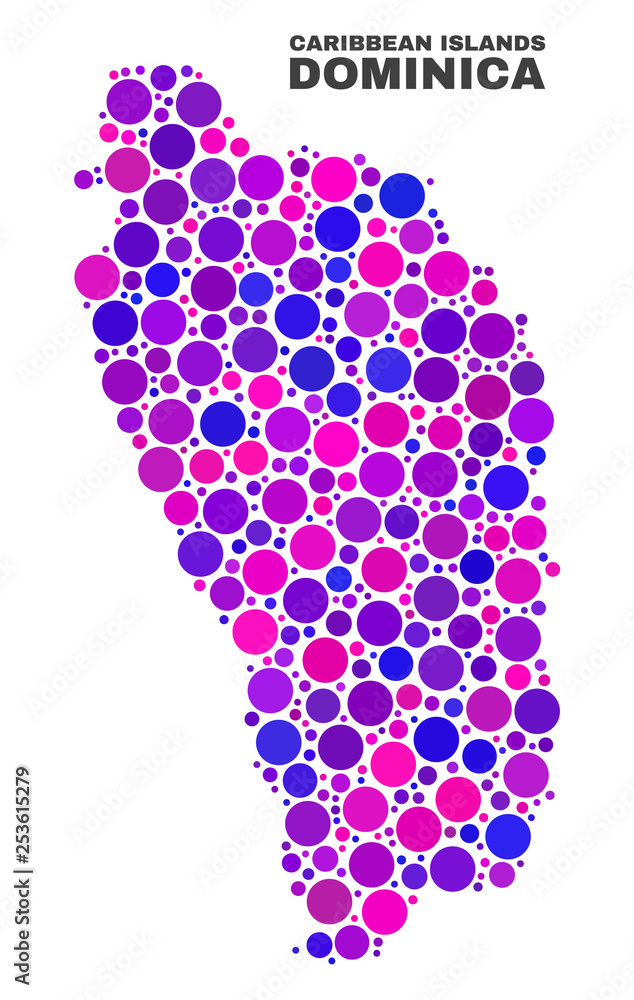 Mosaic Dominica Island map isolated on a white background. Vector geographic abstraction in pink and violet colors. Mosaic of Dominica Island map combined of random circle dots. Mosaic Dominica Island map isolated on a white background. Vector geographic abstraction in pink and violet colors. Mosaic of Dominica Island map combined of random circle dots.