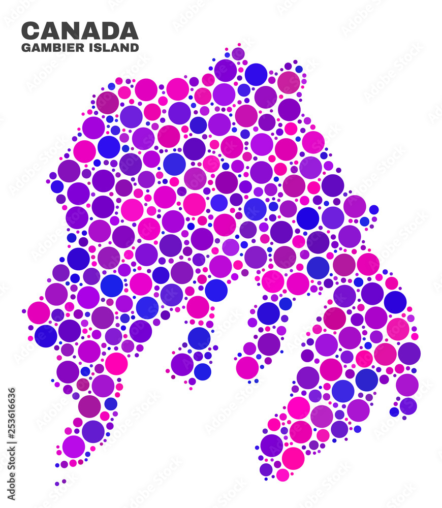 Mosaic Gambier Island map isolated on a white background. Vector geographic abstraction in pink and violet colors. Mosaic of Gambier Island map combined of scattered round dots. Mosaic Gambier Island map isolated on a white background. Vector geographic abstraction in pink and violet colors. Mosaic of Gambier Island map combined of scattered round dots.