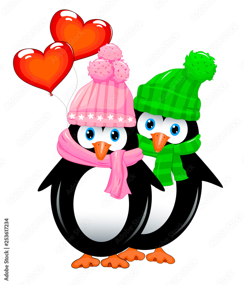 Fototapeta premium Little penguins with balloons. Two penguins with heart shaped balloons. Penguins on a white background