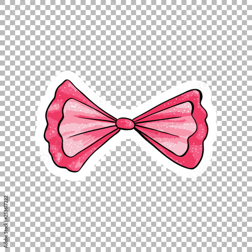 Pink bow hand drawn illustration. Ribbon knot contour drawing on transparent background. Dotted bowknot isolated flat doodle clipart. Bow-tie cartoon sticker. Greeting card watercolor design element