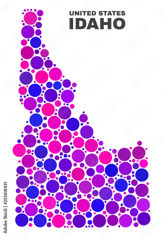 Mosaic Idaho State map isolated on a white background. Vector geographic abstraction in pink and violet colors. Mosaic of Idaho State map combined of scattered round items. Mosaic Idaho State map isolated on a white background. Vector geographic abstraction in pink and violet colors. Mosaic of Idaho State map combined of scattered round items.