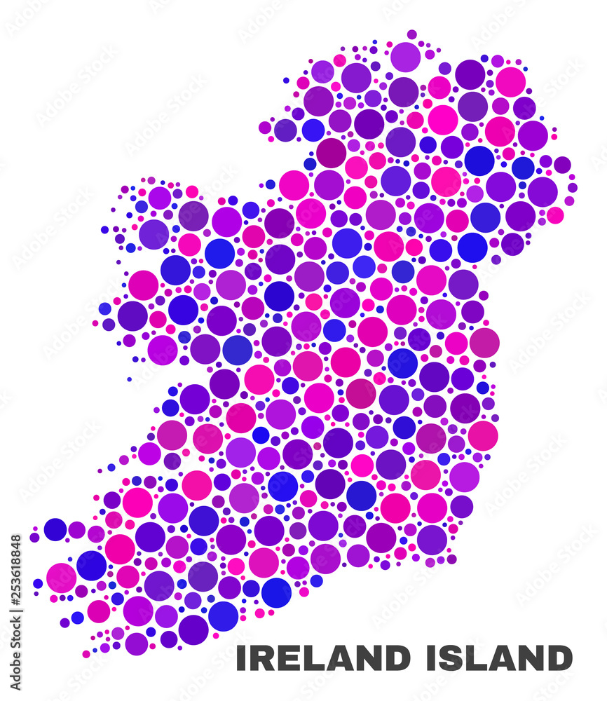 Mosaic Ireland Island map isolated on a white background. Vector geographic abstraction in pink and violet colors. Mosaic of Ireland Island map combined of random round dots.