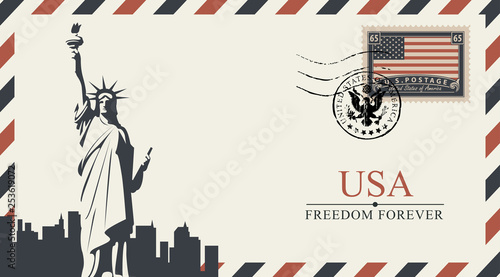 Vector postcard or envelope with New York Statue of Liberty and inscriptions. Postcard with postmark in form of coat of arms and postage stamp with flag of United States of America
