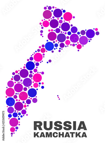 Mosaic Kamchatka map isolated on a white background. Vector geographic abstraction in pink and violet colors. Mosaic of Kamchatka map combined of random circle elements.