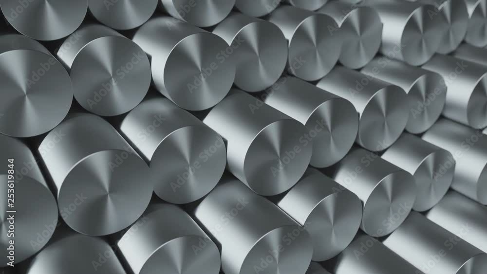 Close-up set of metal round kernels and bars. Industrial metallic background. Loop 3d animation Close-up set of metal round kernels and bars. Industrial metallic background. Loop 3d animation