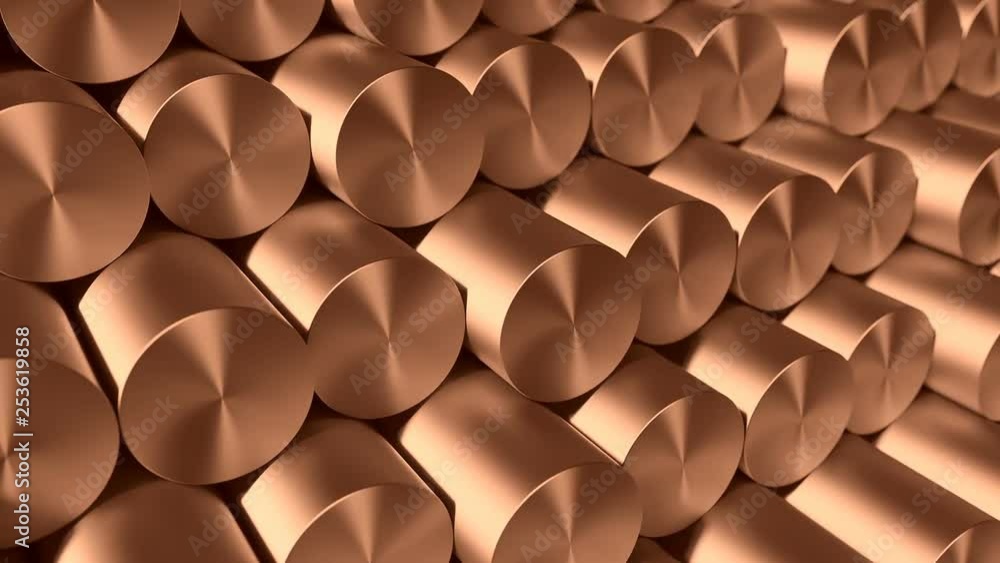 Heap of cupper or brass culinders on factoty warehouse. Loop 3d animation Heap of cupper or brass culinders on factoty warehouse. Loop 3d animation