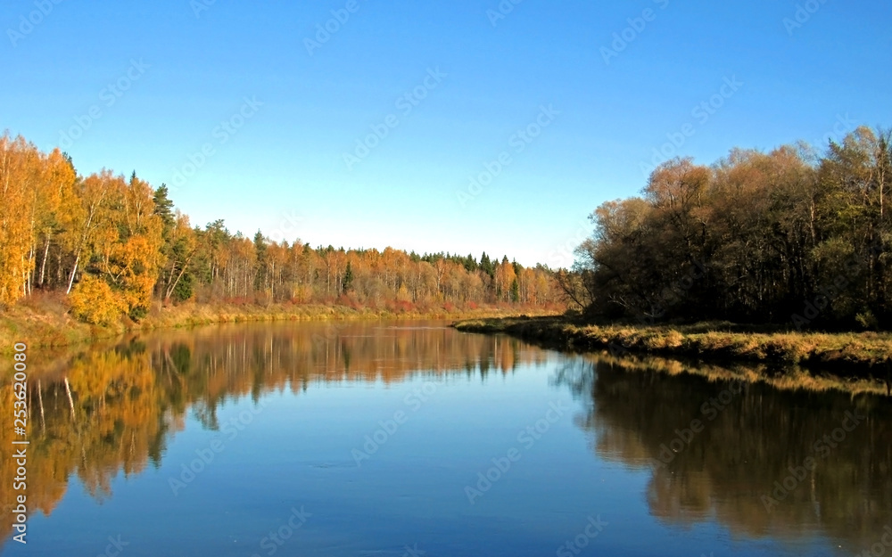 Autumn landscape of Gauja river valley and colorful forest reflection in mirror water