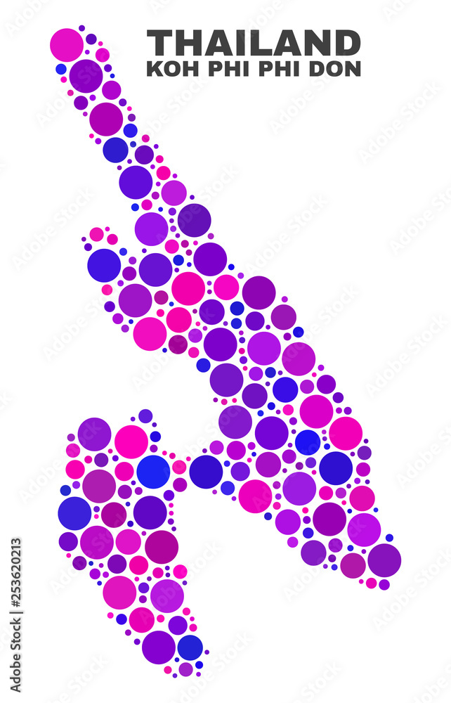 Mosaic Koh Phi Don map isolated on a white background. Vector geographic abstraction in pink and violet colors. Mosaic of Koh Phi Don map combined of random spheric items. Mosaic Koh Phi Don map isolated on a white background. Vector geographic abstraction in pink and violet colors. Mosaic of Koh Phi Don map combined of random spheric items.