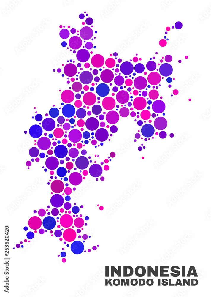 Mosaic Komodo Island map isolated on a white background. Vector geographic abstraction in pink and violet colors. Mosaic of Komodo Island map combined of random round elements.