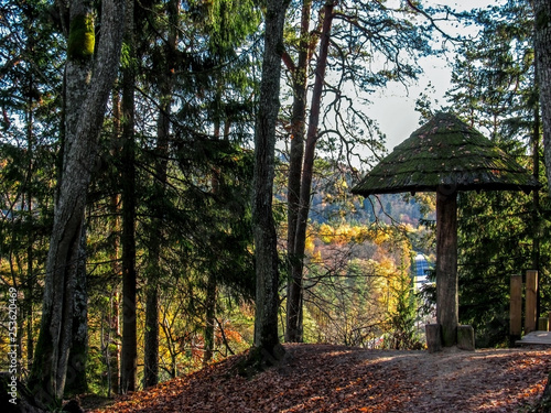 Sigulda, Latvia: Golden autumn landscape view on Gauja river valley in Gauja National park photo