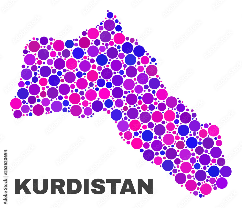 Mosaic Kurdistan map isolated on a white background. Vector geographic abstraction in pink and violet colors. Mosaic of Kurdistan map combined of random spheric elements. Mosaic Kurdistan map isolated on a white background. Vector geographic abstraction in pink and violet colors. Mosaic of Kurdistan map combined of random spheric elements.