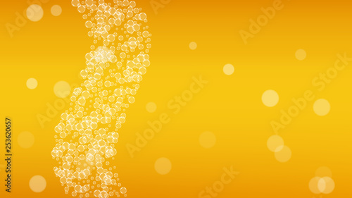 Beer foam. Craft lager splash. Oktoberfest background. pab menu concept. Pale pint of ale with realistic white bubbles. Cool liquid drink for Gold bottle with beer foam.
